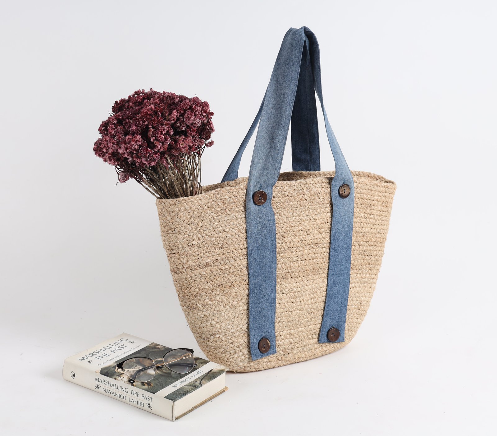 Handwoven Banana Fibre Tote Bag with Denim Straps